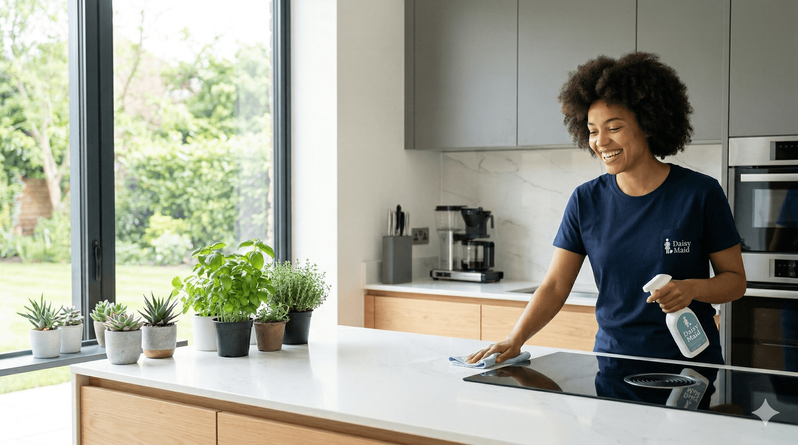 Daisy Maid professional cleaner smiling while cleaning a modern kitchen counter