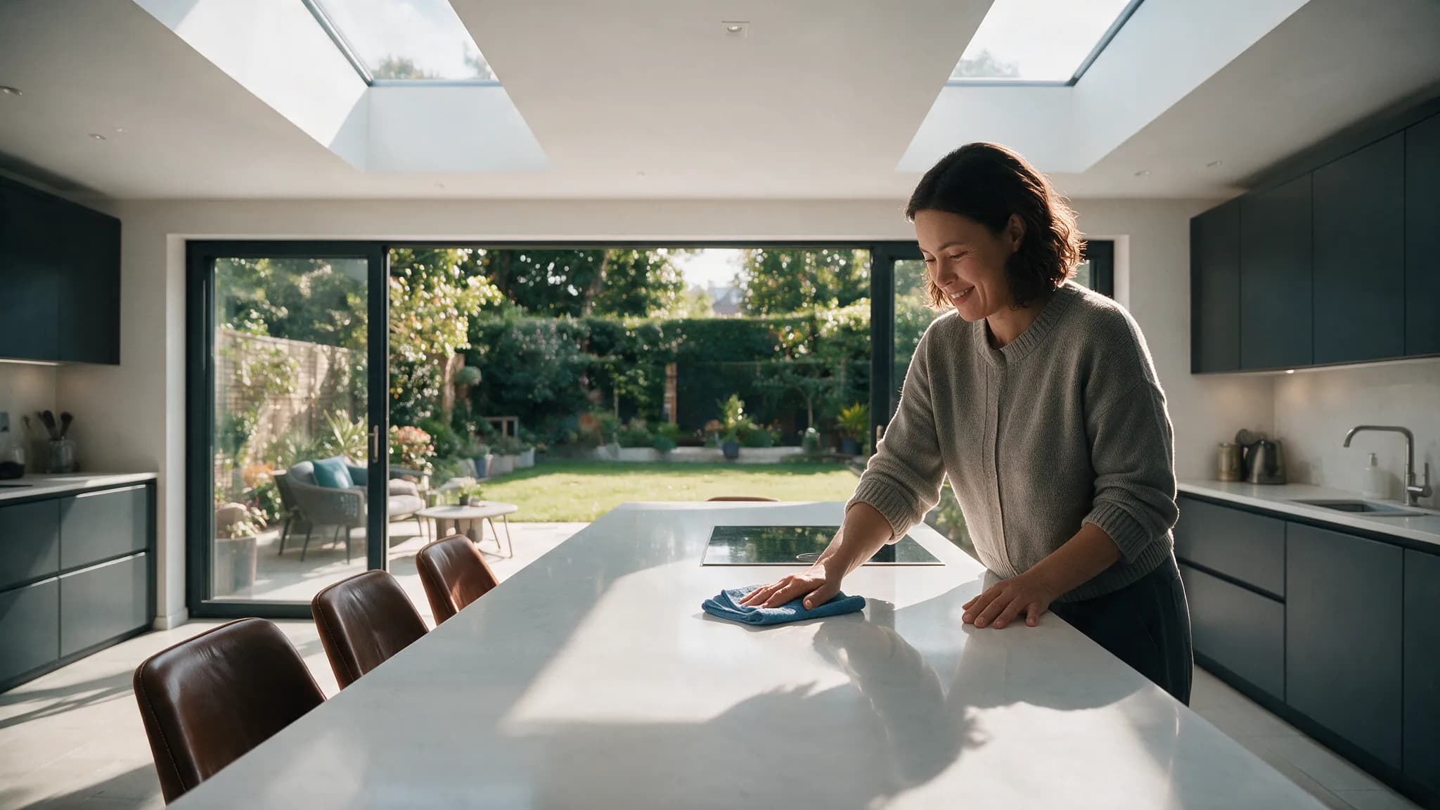 Daisy Maid professional cleaner smiling while wiping down a kitchen island in a sunlit home